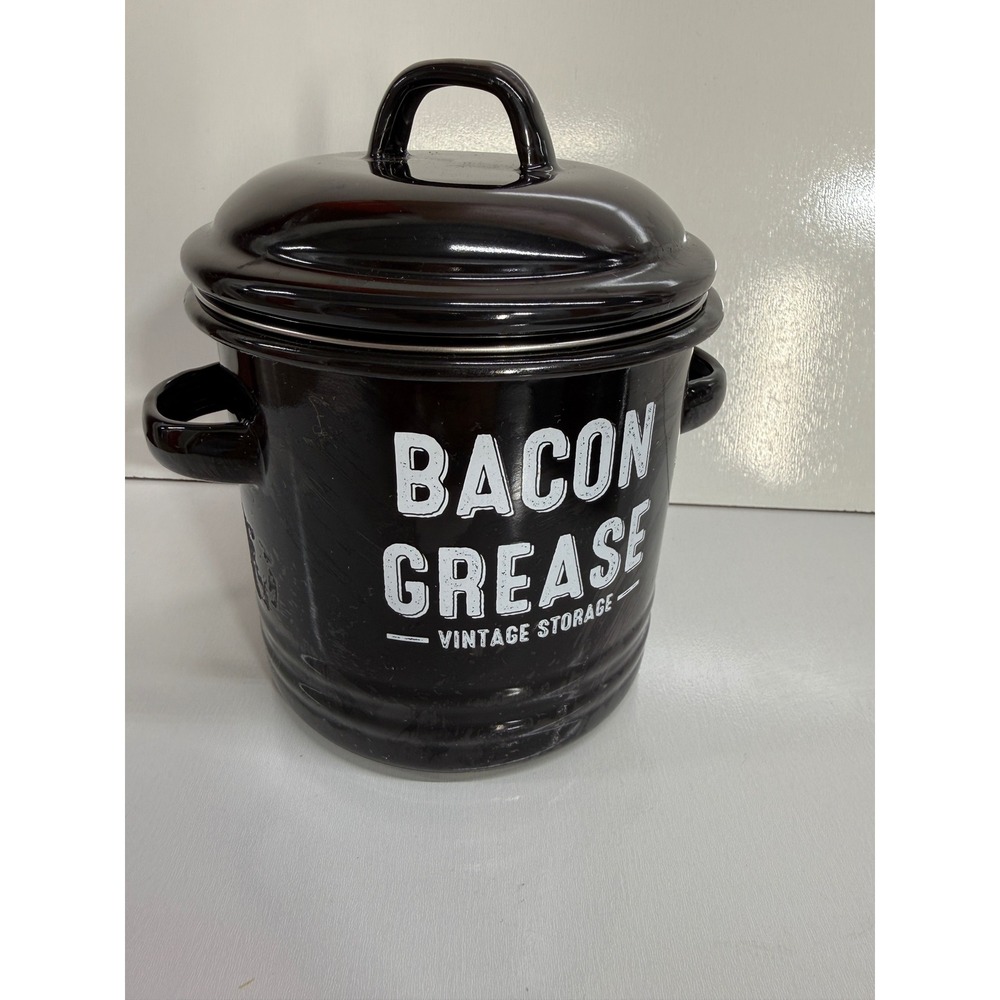 Black Enamel Bacon Grease Container with Strainer Vintage Style Storage Pot
